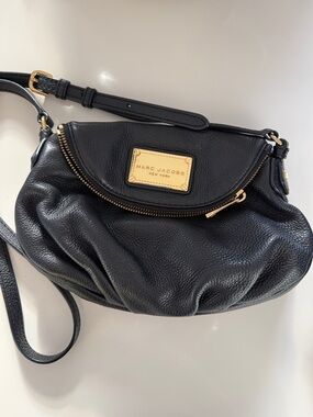 Marc Jacobs Black Pebbled Leather Crossbody with Gold Plaque Accent